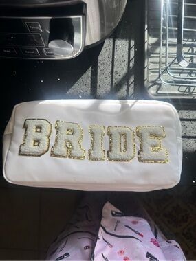 BRIDE White Bridal Cosmetic Bag with Gold Trim